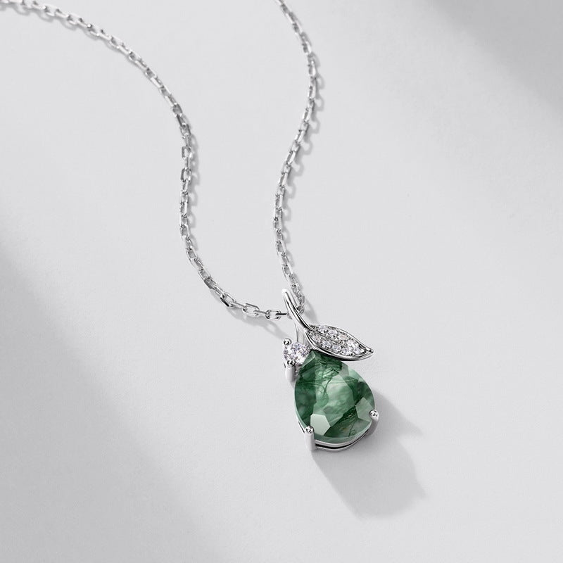 Collier pour femme en cristal d'agate mousse verte et argent « Jardin secret »