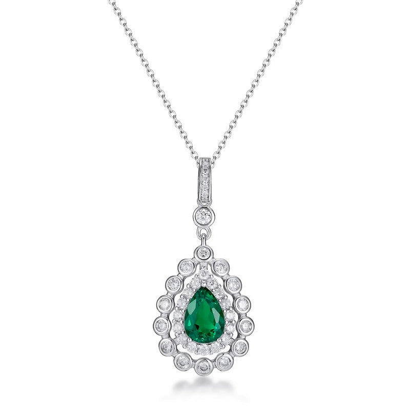 Juliette Pear Cut Lab Emerald Halo Necklace