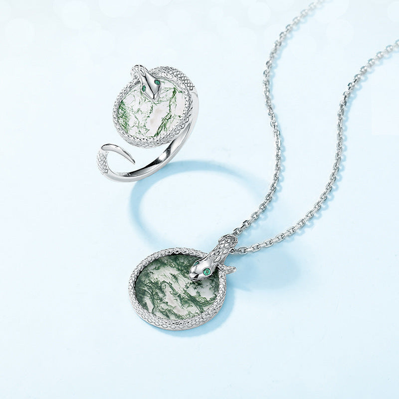 Snake Natural Green Moss Agate Coiled Serpent Pendant - Elowen