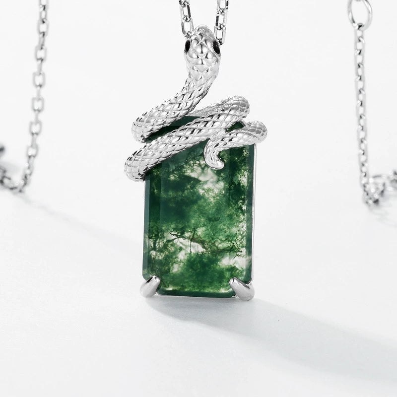 Emerald Cut Moss Agate Nature Pendant Necklace