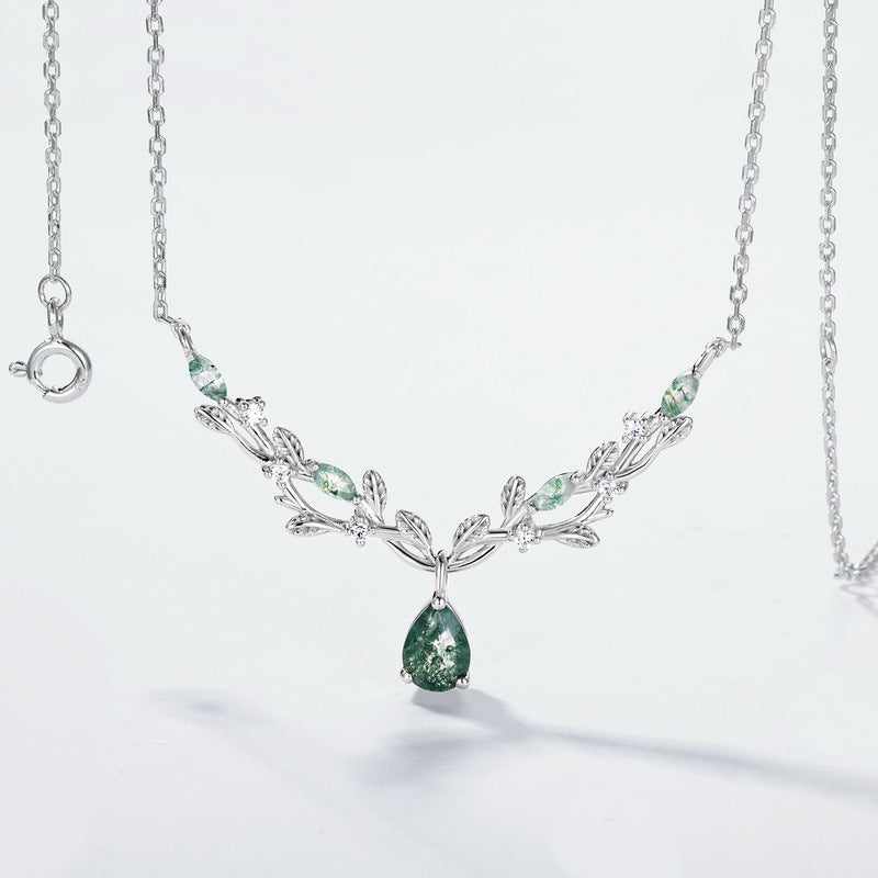 Olive Leaf Branch Green Moss Agate Collarbone Necklace Pear Cut Birthday Gift "Olivae"
