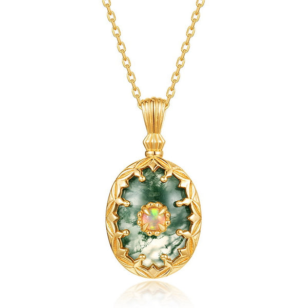 Oval Cut Moss Agate Vintage Necklaces - "Blanche"