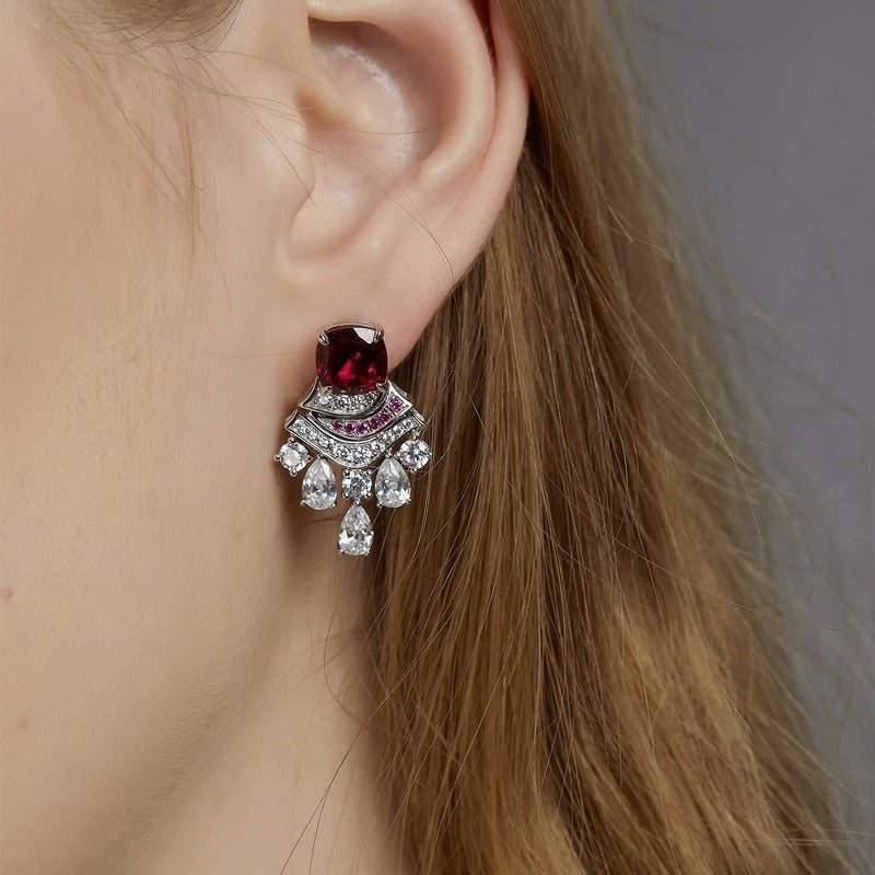 Cushion Cut Lab Ruby Unique Drop Earrings