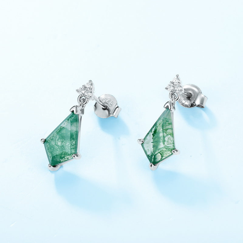 Kite Cut Moss Agate Minimalist Classic Collection Drop Earrings