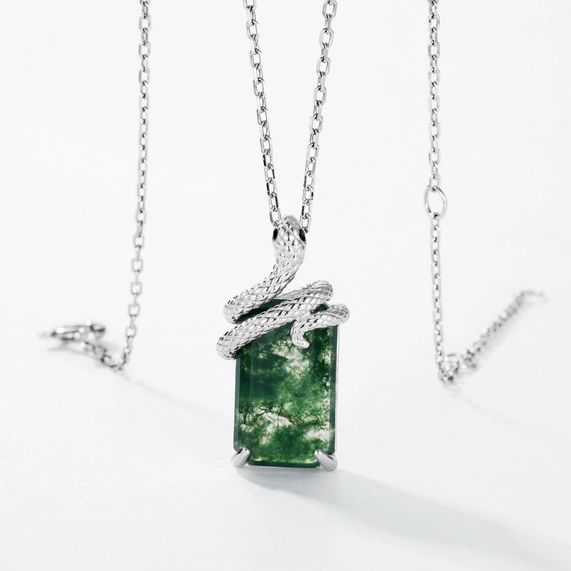 Emerald Cut Moss Agate Nature Pendant Necklace