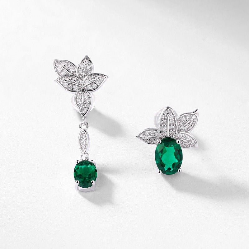 Oval Cut Lab Emerald Nnature Inspired Asymmetric Drop Earrings