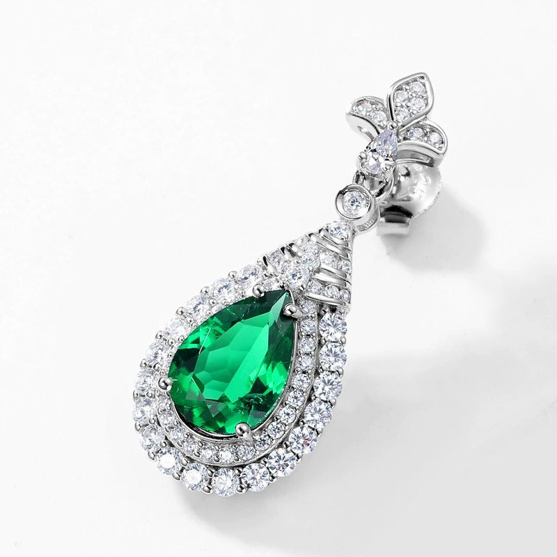 Pear Cut Lab Emerald Halo Drop Earrings