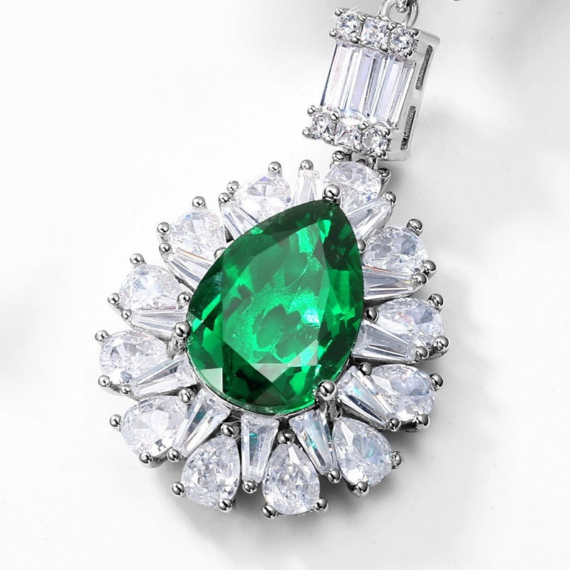 Pear Cut Lab Emerald Halo Drop Earrings