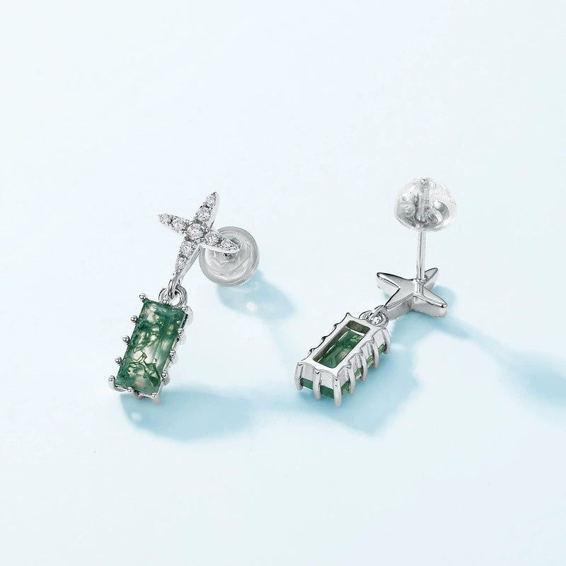 Baguette Cut Moss Agate Unique Cross Drop Earrings