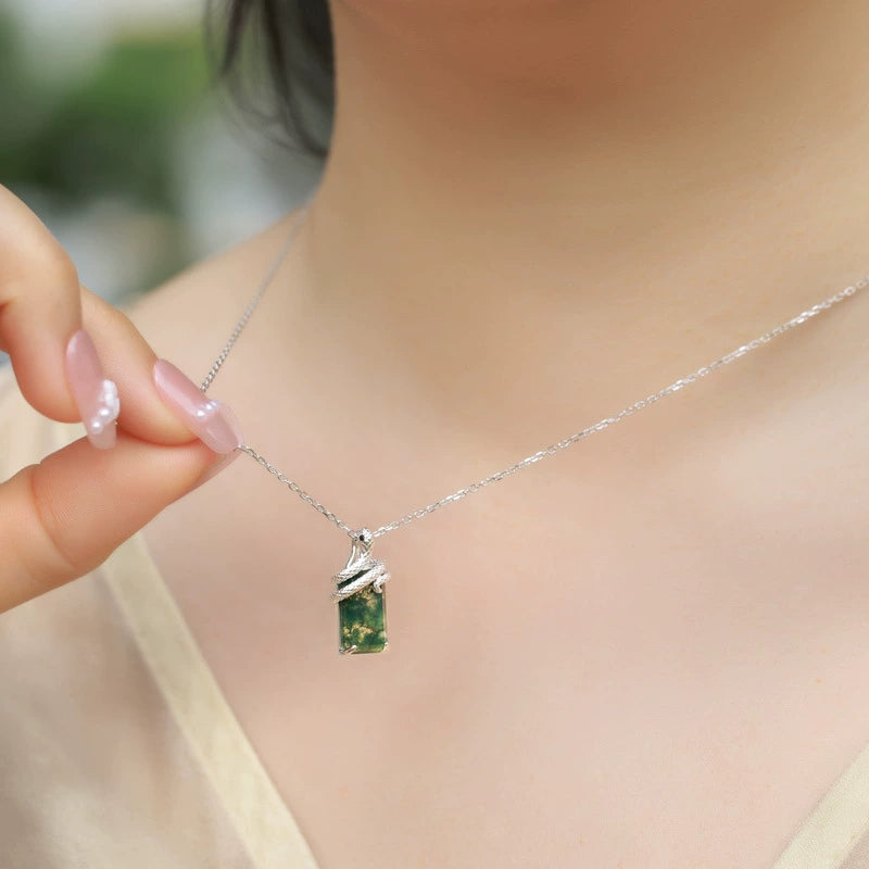Emerald Cut Moss Agate Nature Pendant Necklace