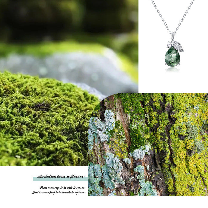 Women Green Moss Agate Crystal Necklace In Silver "Secret Garden"