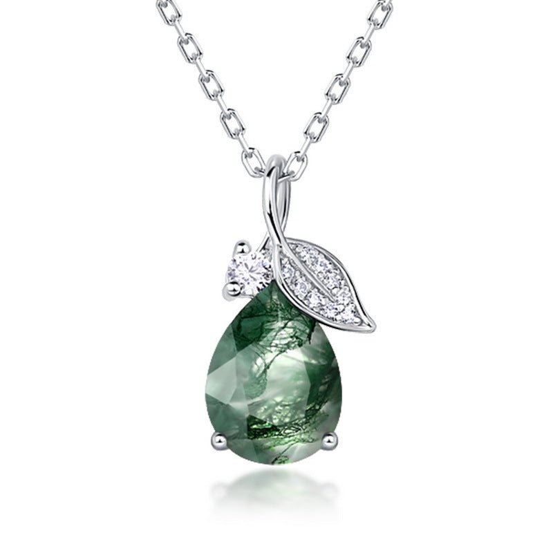 Women Green Moss Agate Crystal Necklace In Silver "Secret Garden"