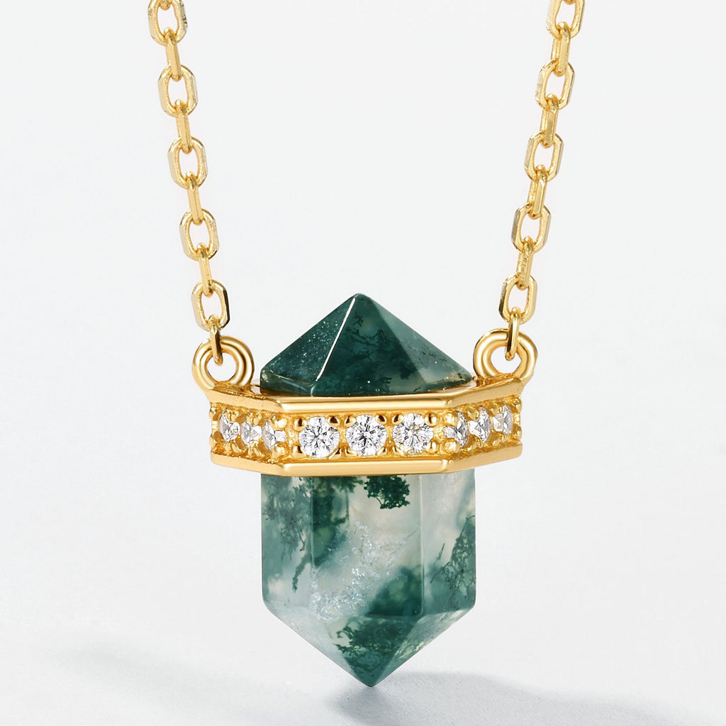Rhombus-shaped Column Moss Agate Formal Celebration Crystal Point with Chain Necklace