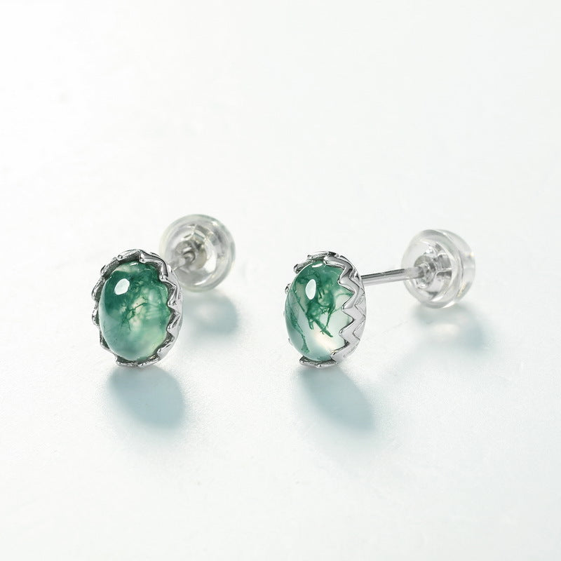 Mistral - Oval Cut Moss Agate Minimalist Classic Stud Earrings