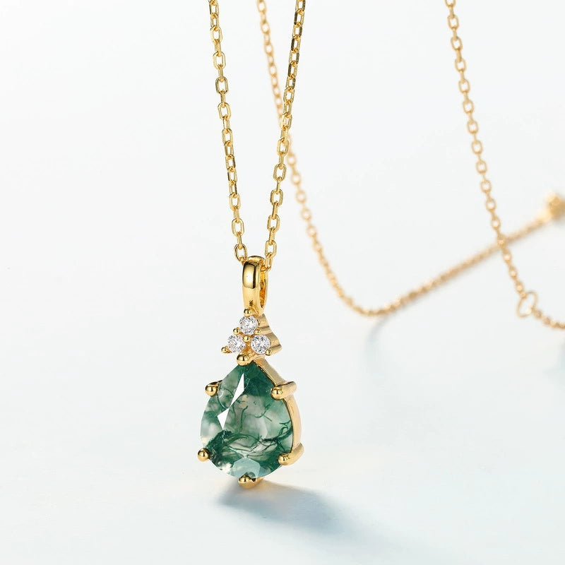 Zinnia-Pear Cut Moss Agate Classic Necklace
