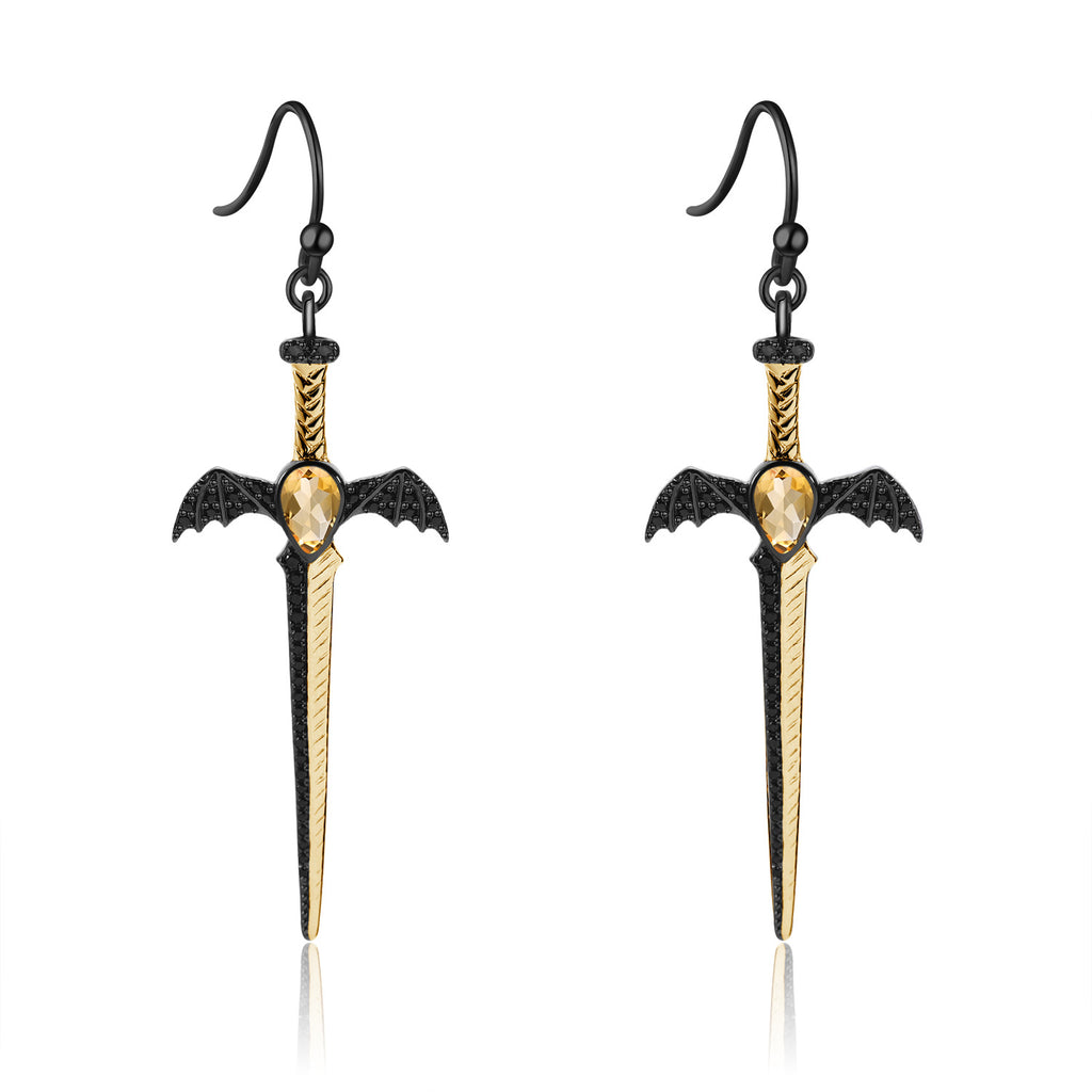 Gothic Pear Cut Natural Garnet Sword/Dagger & Bat Drop Earrings