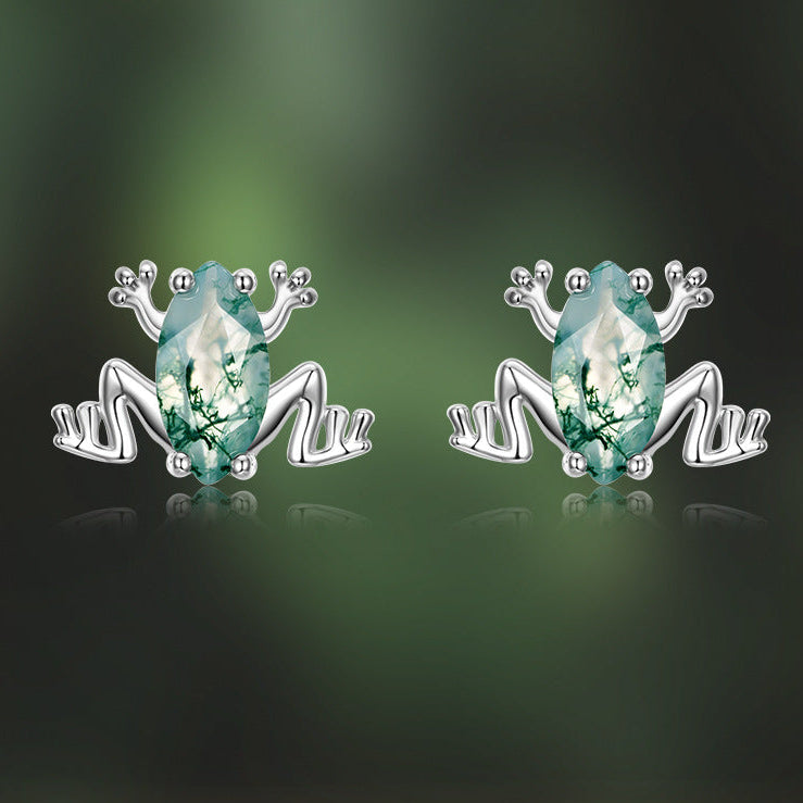 Pondgem - Marquise Cut Moss Agate Frog Unique Stud Earrings