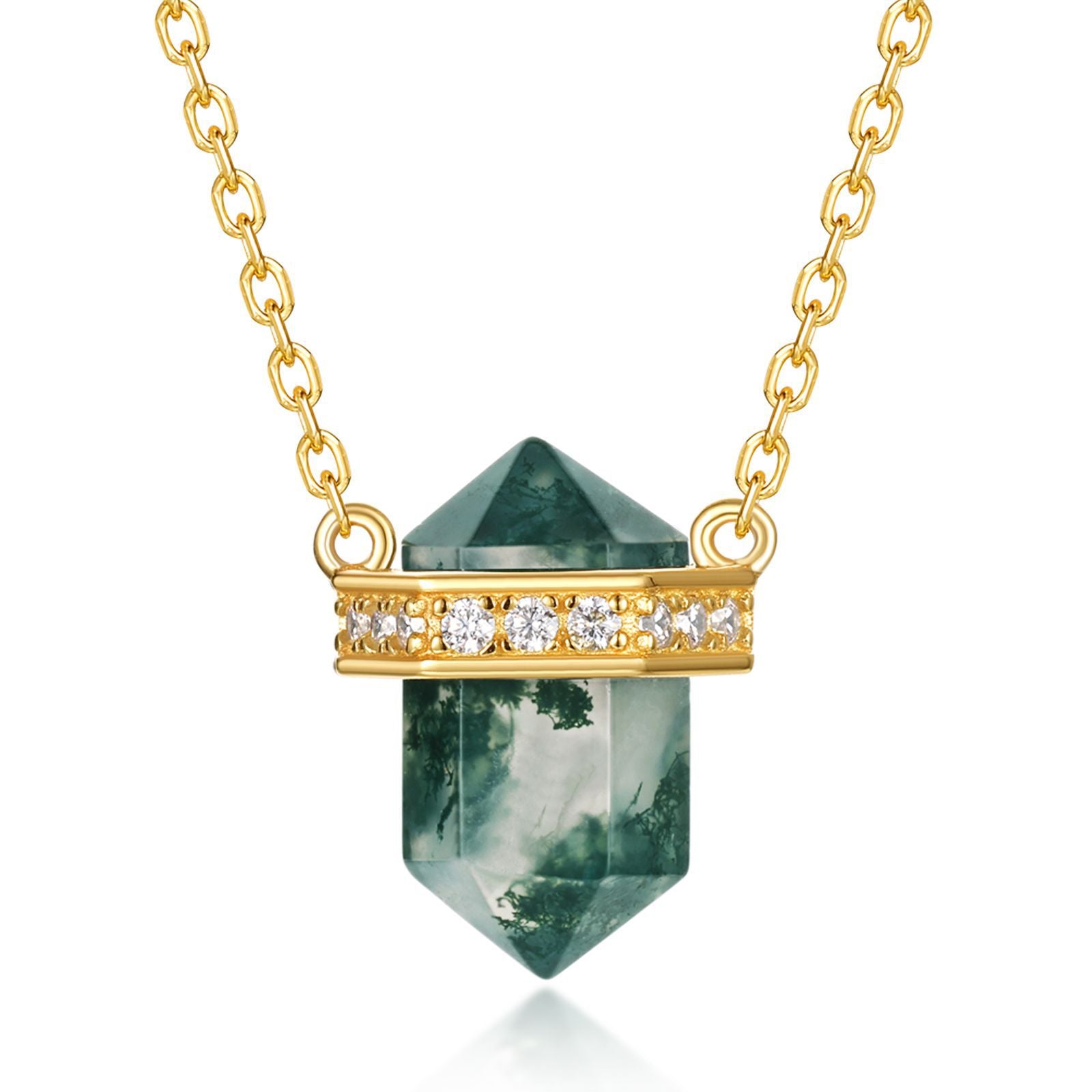 Rhombus-shaped Column Moss Agate Formal Celebration Crystal Point with Chain Necklace