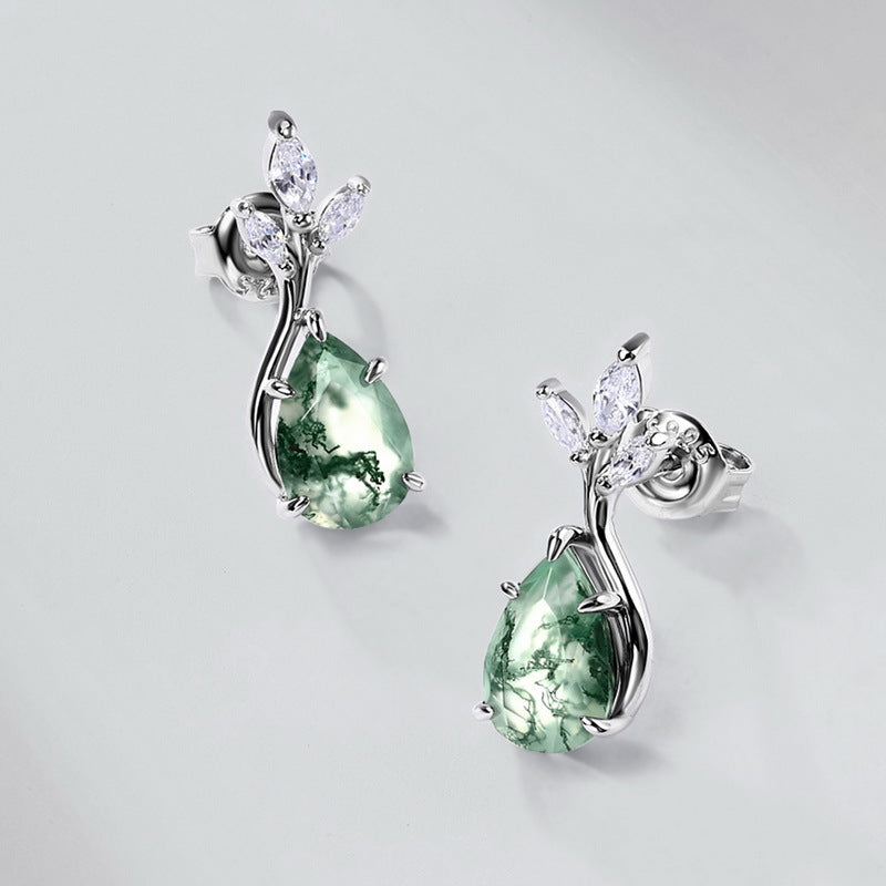 MossSpire - Boucles d'oreilles puces en agate mousse taille poire, inspirées par la nature