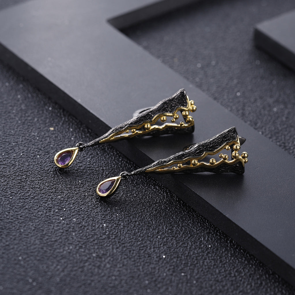 Pear Cut Natural Amethyst Italian Craft Vintage Earrings Gothic Earrings
