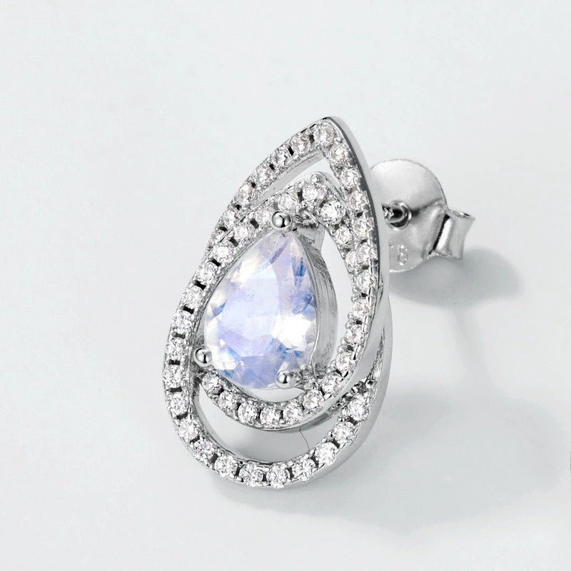 Pear Cut Blue Moonstone Halo Earrings