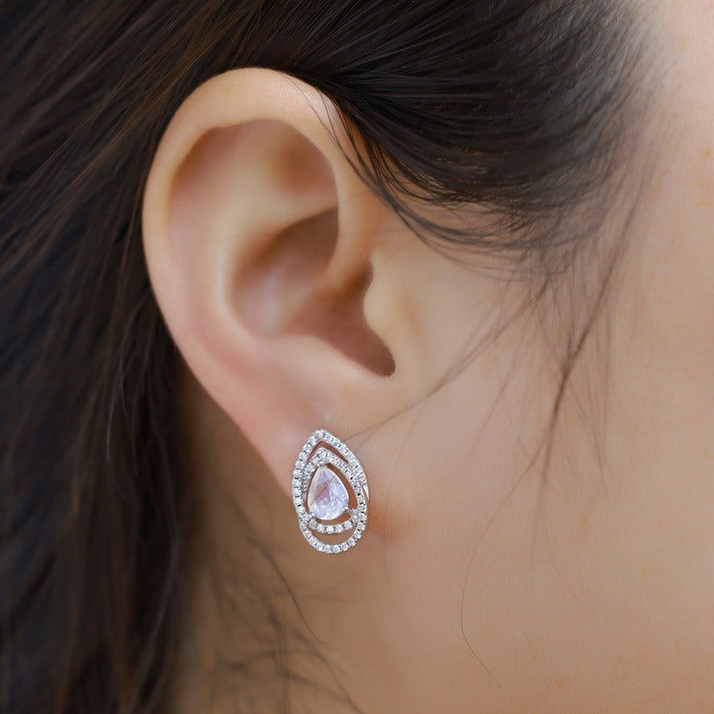 Pear Cut Blue Moonstone Halo Earrings