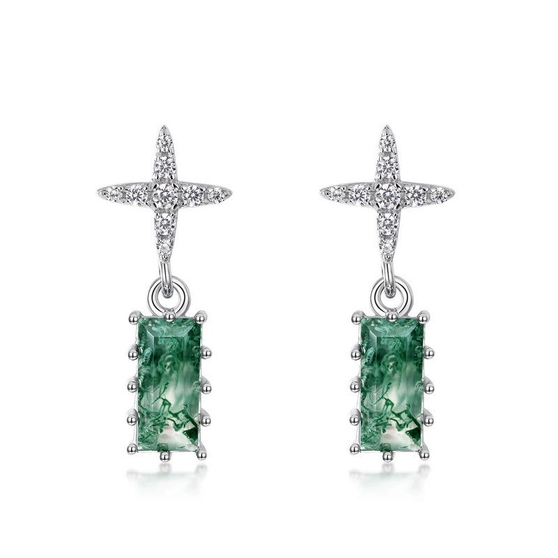Baguette Cut Moss Agate Unique Cross Drop Earrings