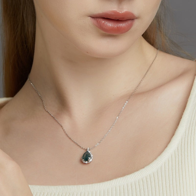 Pear Cut Moss Agate Halo Necklace