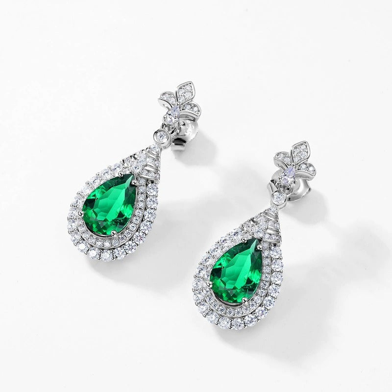 Pear Cut Lab Emerald Halo Drop Earrings