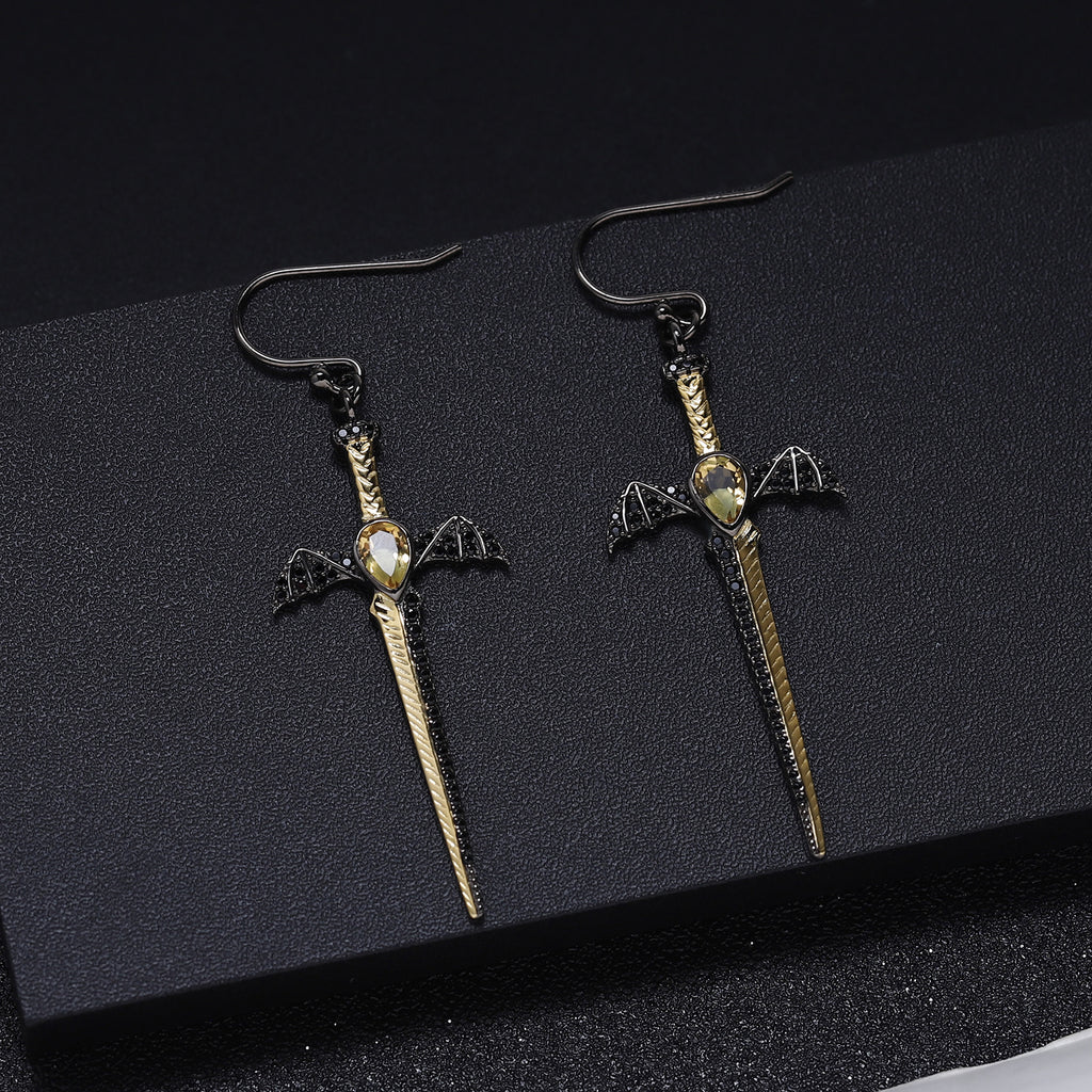 Gothic Pear Cut Natural Garnet Sword/Dagger & Bat Drop Earrings