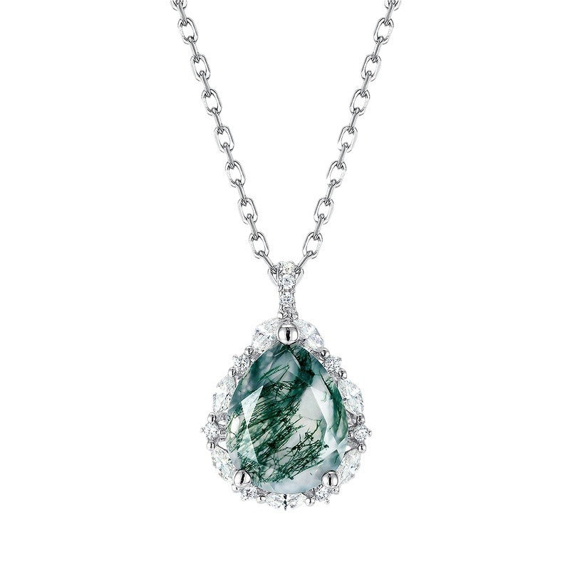 Pear Cut Moss Agate Halo Necklace