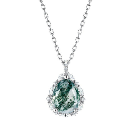 'Forest Halo' Pear Cut Moss Agate Halo Necklace