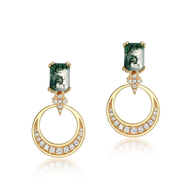 Emerald Cut Moss Agate Crescent Moon Drop Earrings
