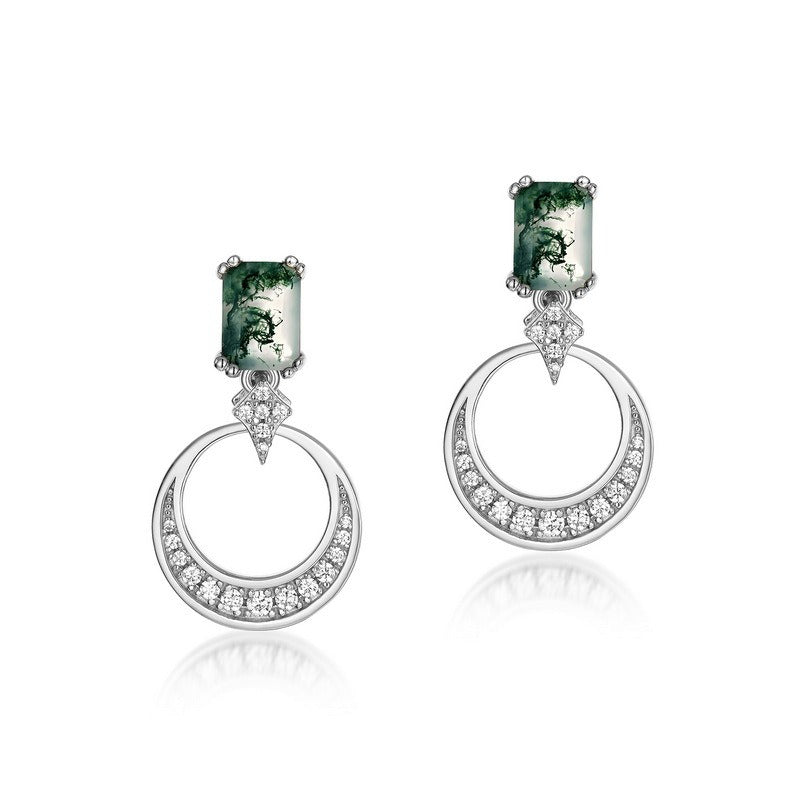 Emerald Cut Moss Agate Crescent Moon Drop Earrings