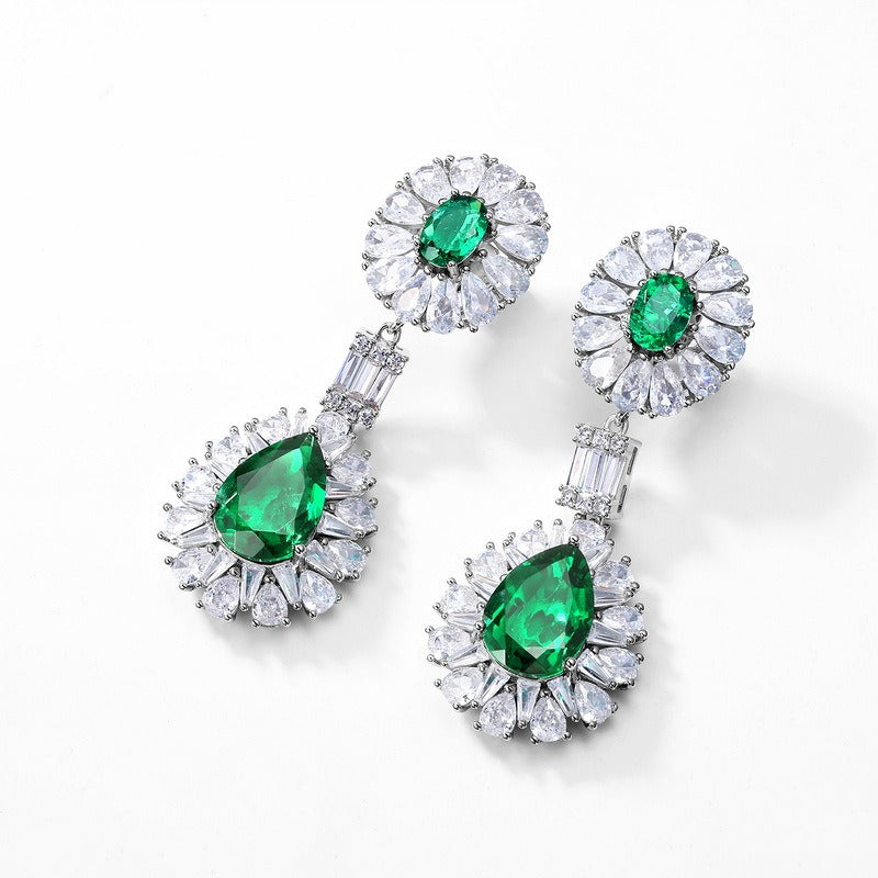 Pear Cut Lab Emerald Halo Drop Earrings