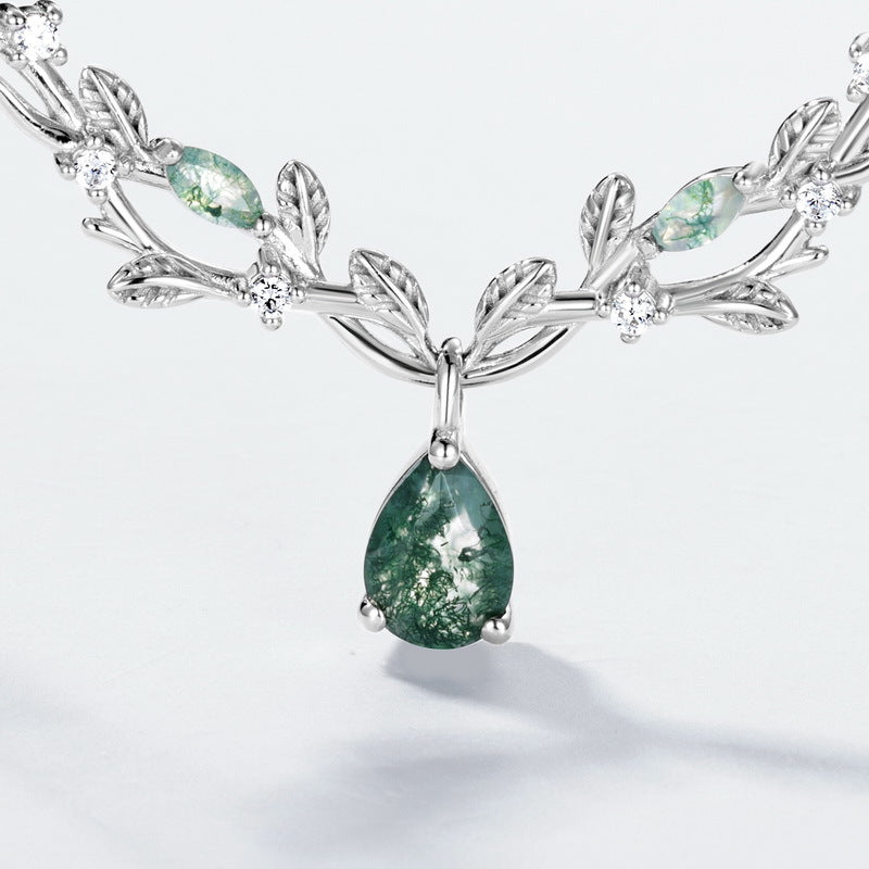 Olive Leaf Branch Green Moss Agate Collarbone Necklace Pear Cut Birthday Gift "Olivae"