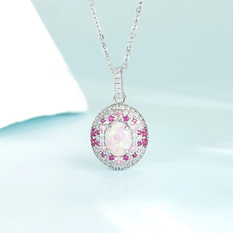 Selene Oval Cut Pink Opal Halo Necklace