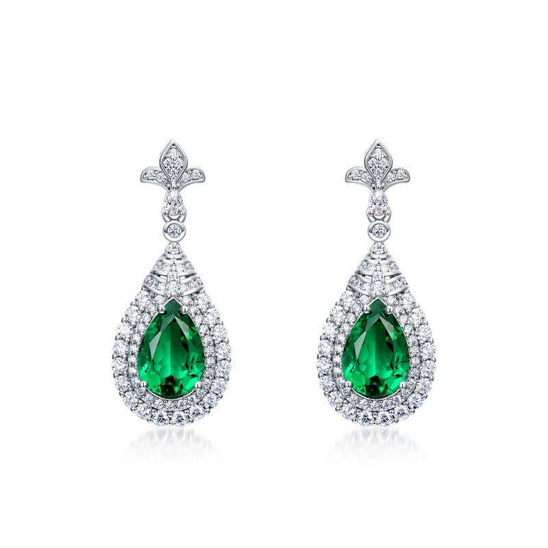 Pear Cut Lab Emerald Halo Drop Earrings