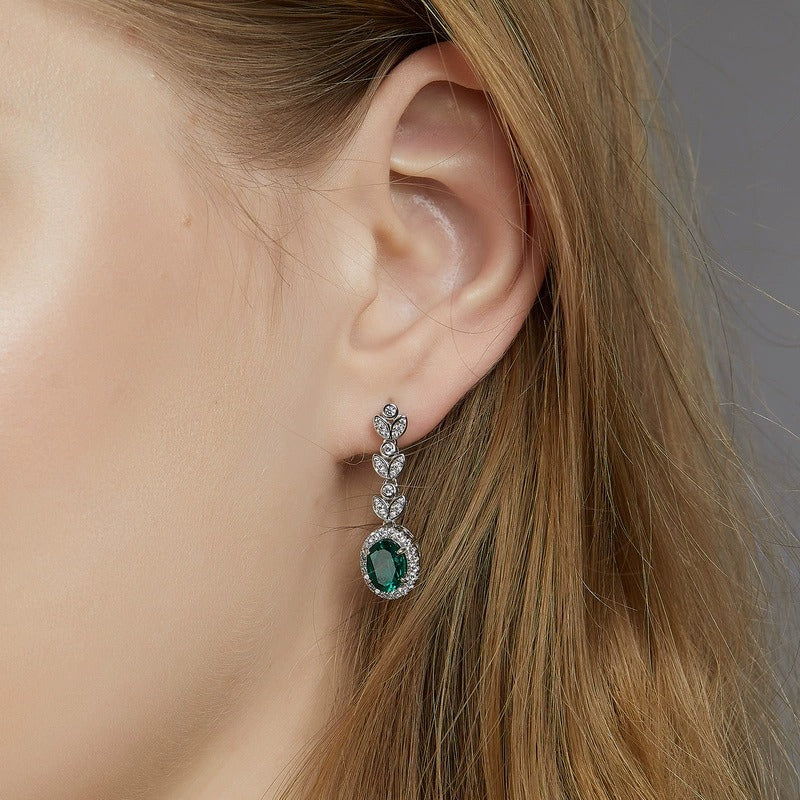 Oval Cut Lab Emerald Nature Inspired Leaf Drop Earrings