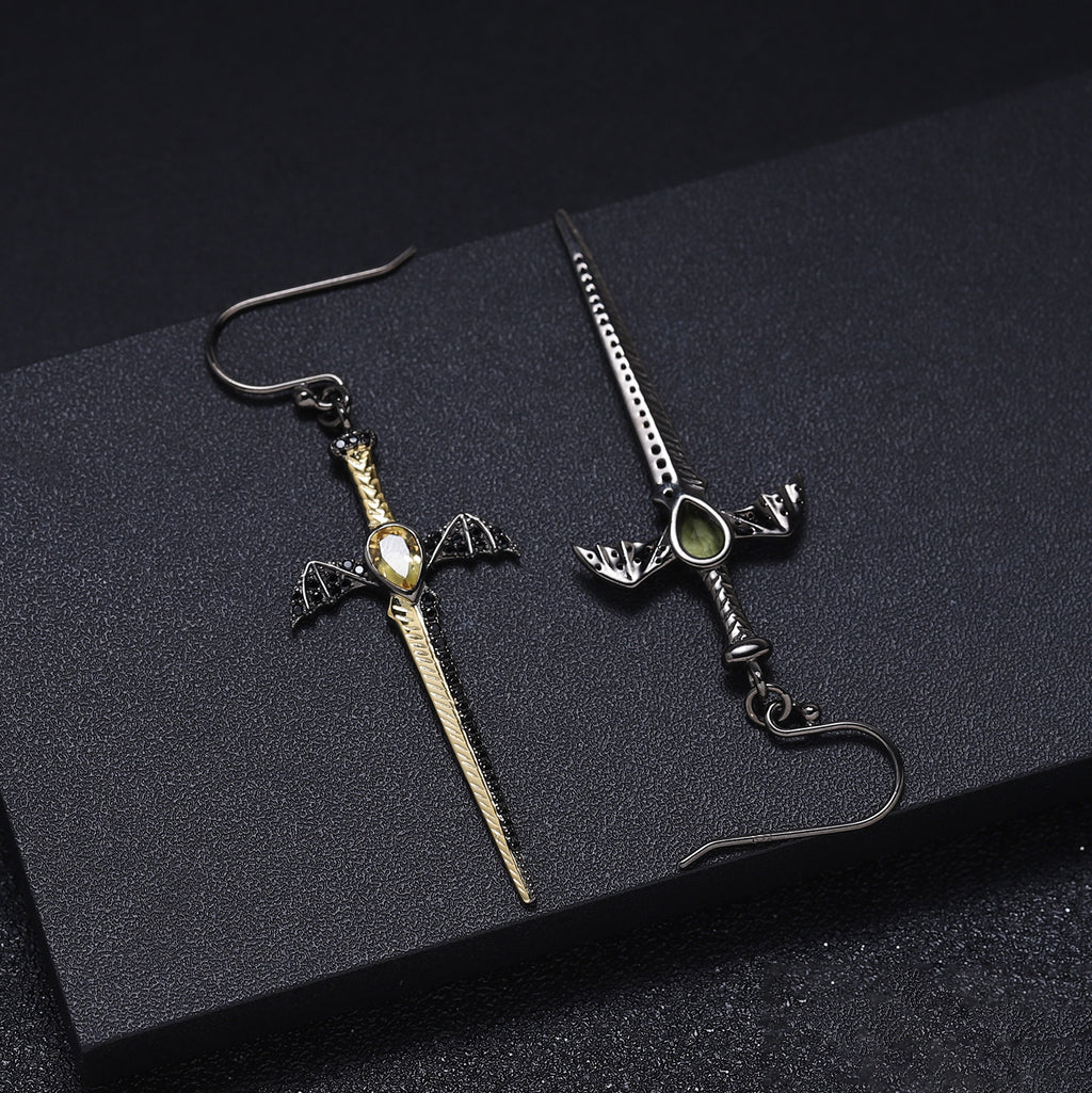 Gothic Pear Cut Natural Garnet Sword/Dagger & Bat Drop Earrings