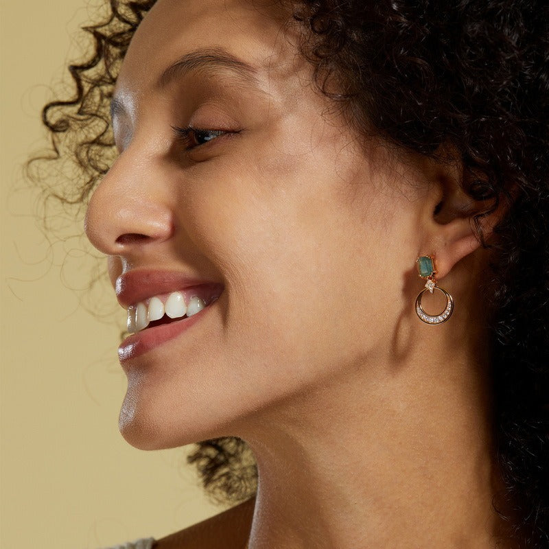 Emerald Cut Moss Agate Crescent Moon Drop Earrings