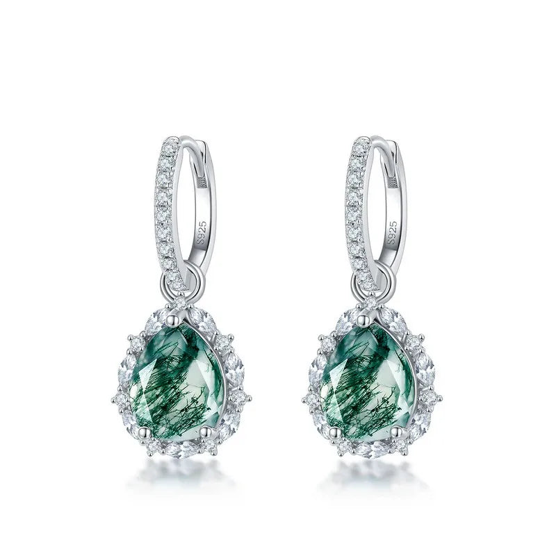 Pear Cut Moss Agate Halo Drop Earrings