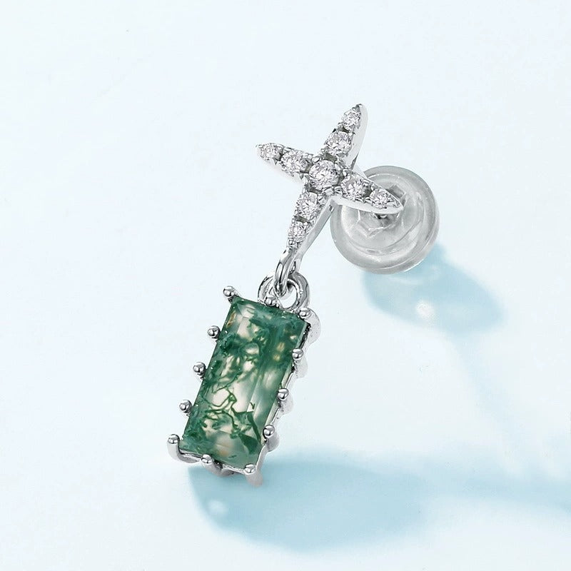 Baguette Cut Moss Agate Unique Cross Drop Earrings