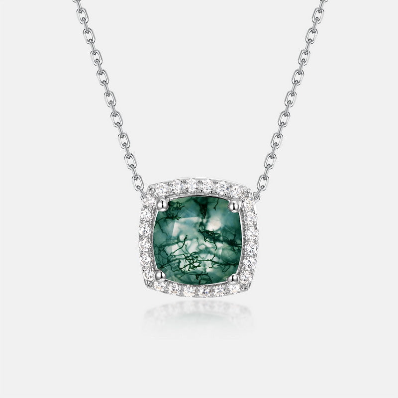 Collier pendentif halo en agate mousse taille coussin pour petite amie - « Coussin verdoyant »