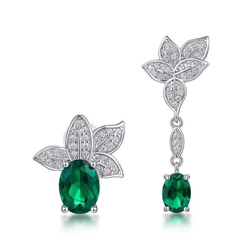 Oval Cut Lab Emerald Nnature Inspired Asymmetric Drop Earrings