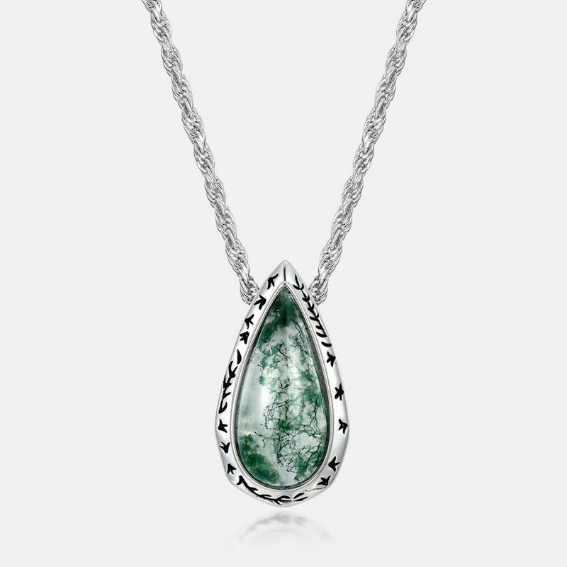 Pear Cut Moss Agate Gothic Textured Pendant Necklace For Girlfriend - "Verdant Droplet"