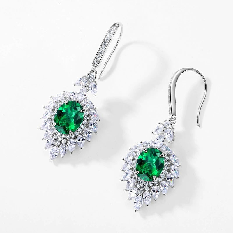 Oval Cut Lab Emerald Halo Drop Earrings