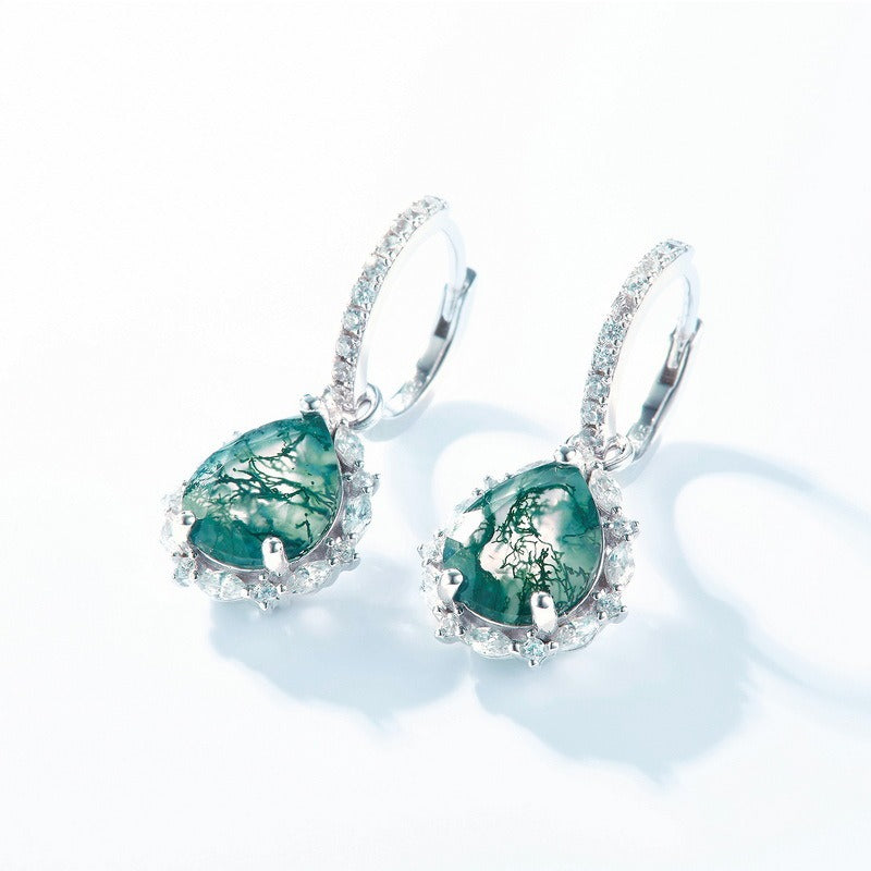 Pear Cut Moss Agate Halo Drop Earrings