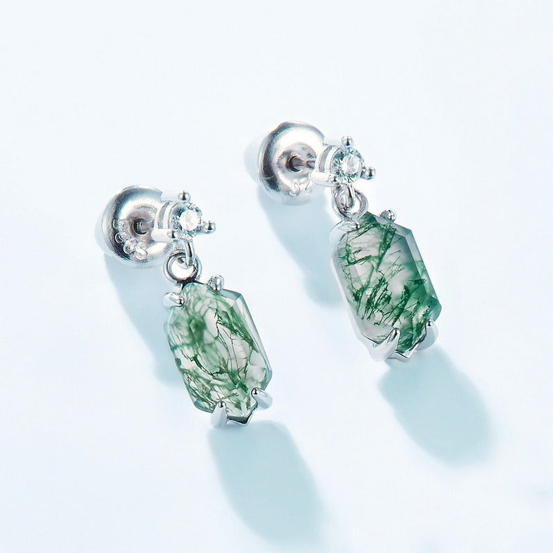 Hexagon Cut Moss Agate Classic Drop Earrings