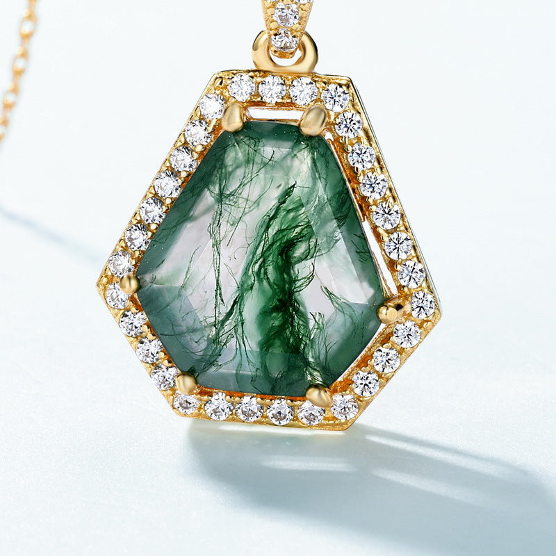 Unique Coffin Cut Moss Agate Halo Necklace - Arden